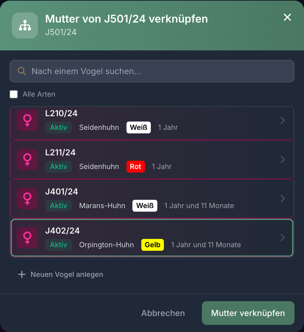 Das Verknüpfungsfenster schlägt nur Vögel des richtigen Geschlechts vor, älter und von derselben Art.