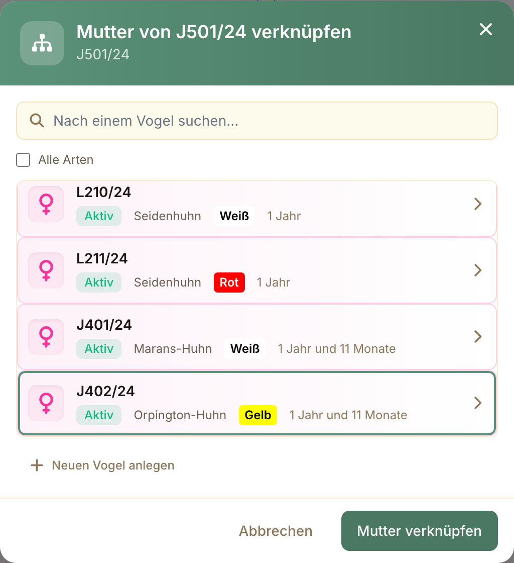 Das Verknüpfungsfenster schlägt nur Vögel des richtigen Geschlechts vor, älter und von derselben Art.