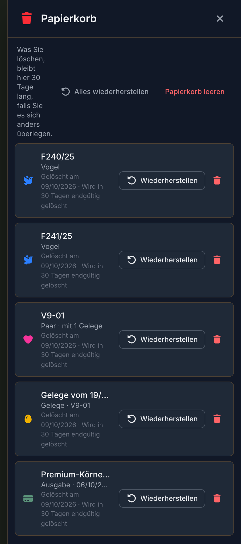 Der geöffnete Papierkorb am Computer, das Neueste zuerst: zwei Vögel, ein Paar, ein Gelege und eine Ausgabe.