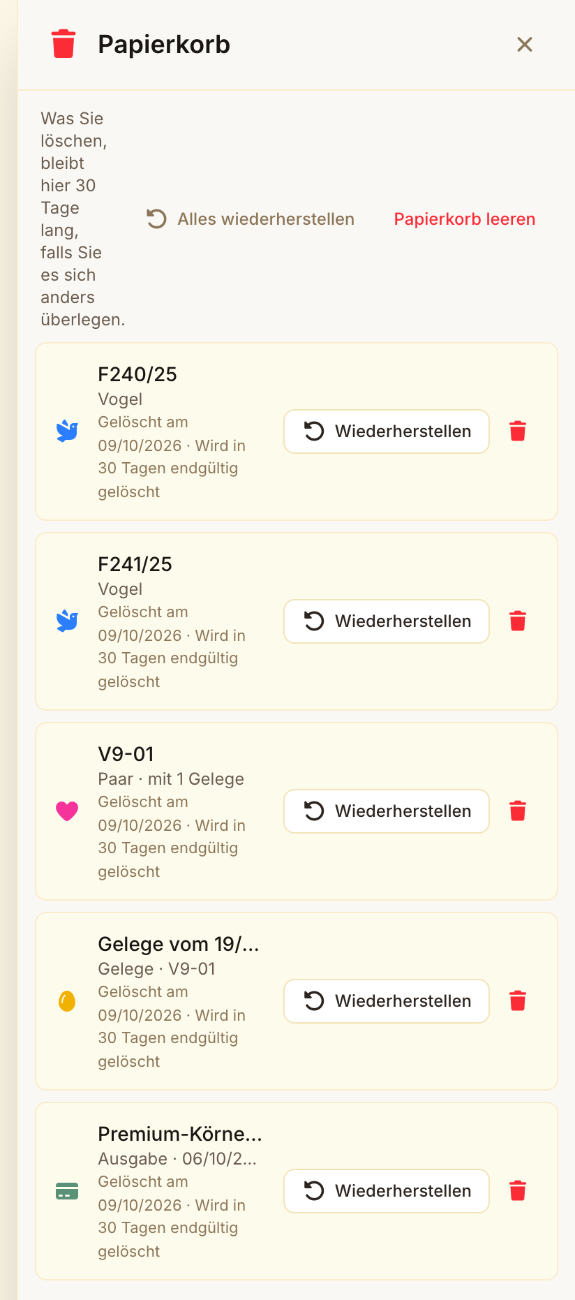 Der geöffnete Papierkorb am Computer, das Neueste zuerst: zwei Vögel, ein Paar, ein Gelege und eine Ausgabe.