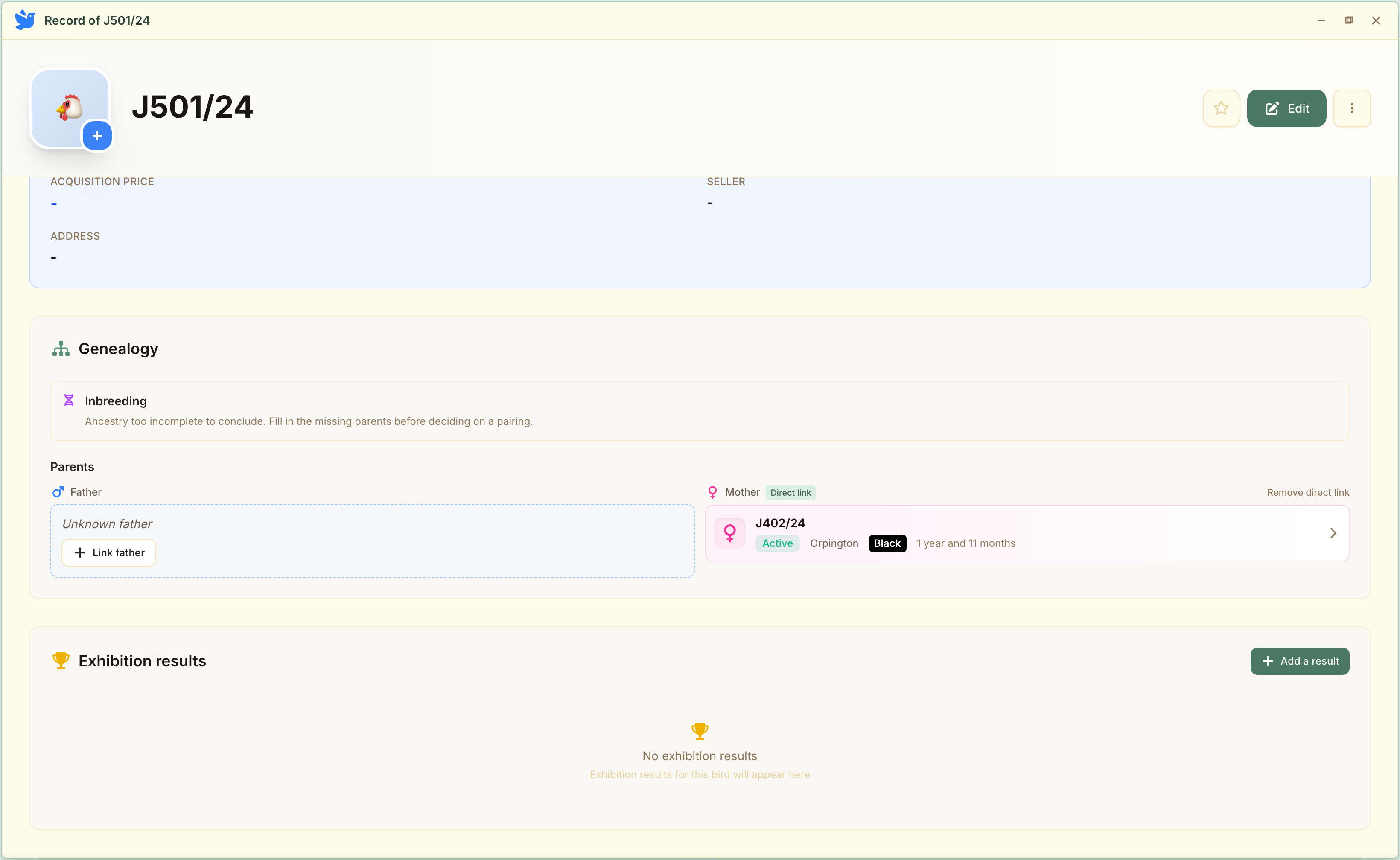 The Parents block of the record: the mother linked directly, the father still to link.
