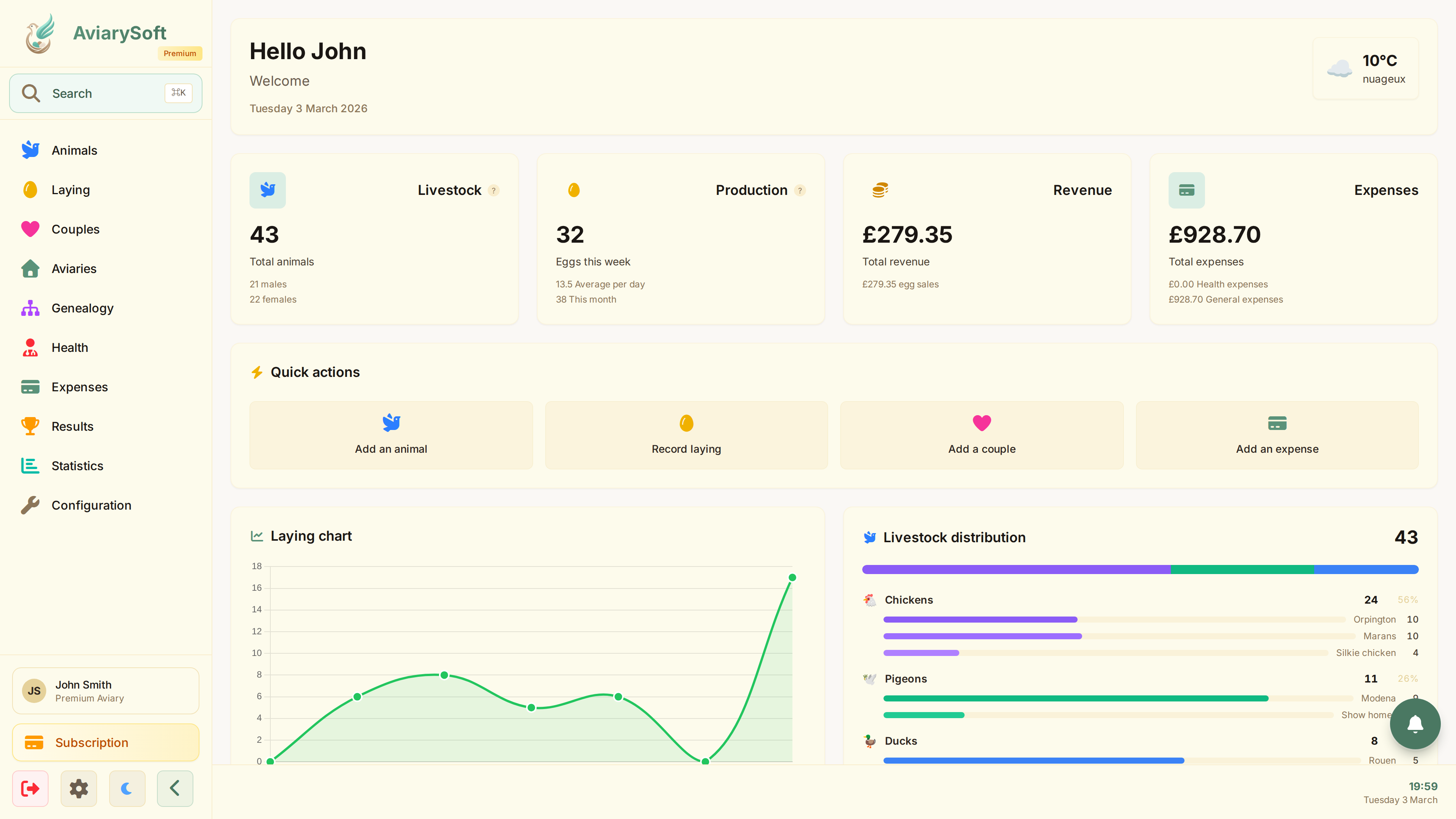 AviarySoft Dashboard - Bird breeding management interface