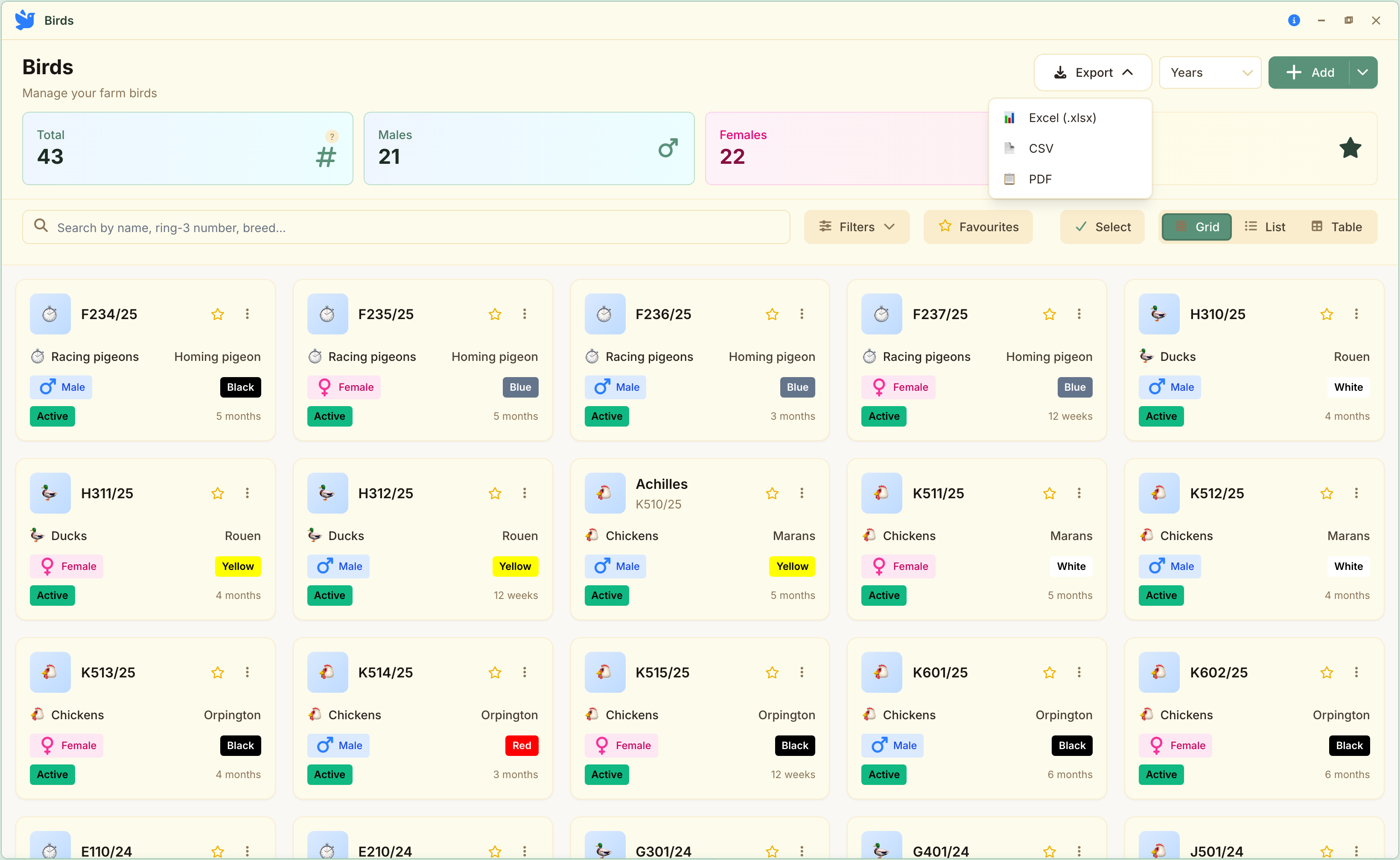 The Export button of the bird list: three formats, the same list as on screen.