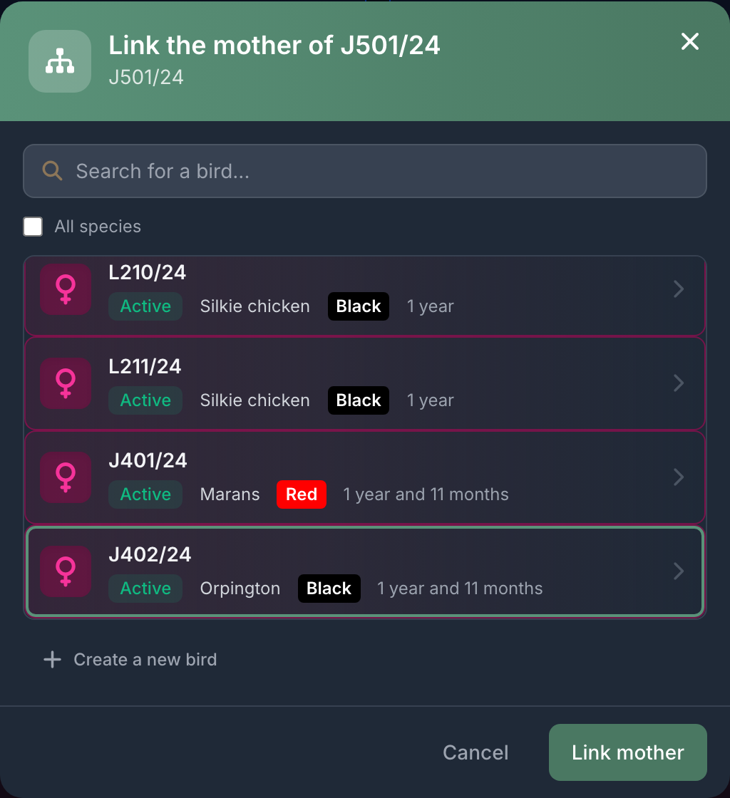 The link window only offers birds of the right sex, older and of the same species.