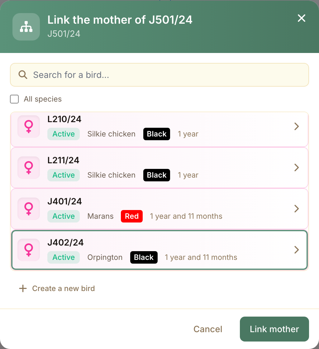 The link window only offers birds of the right sex, older and of the same species.