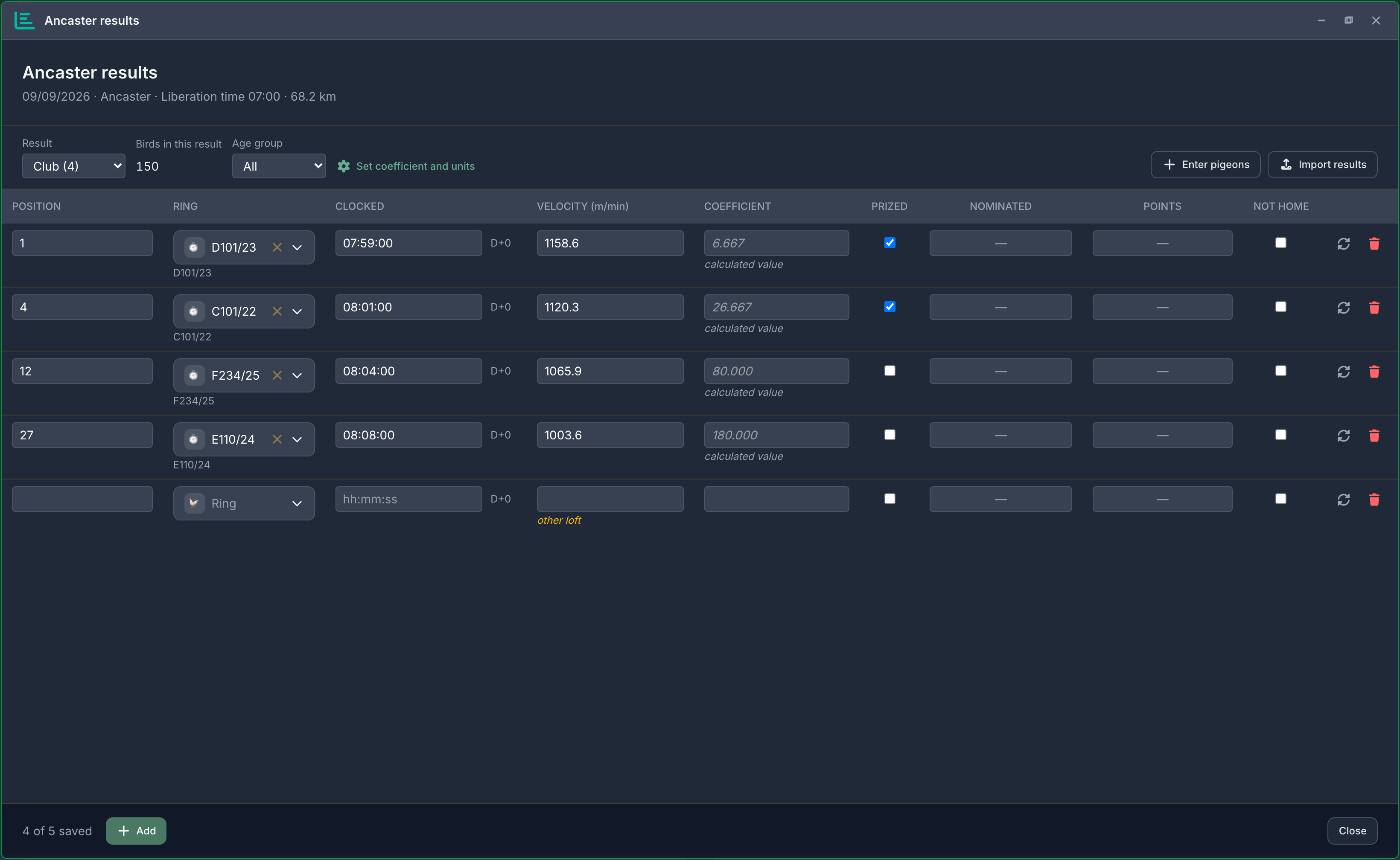 Entering results: one line per pigeon home, velocity and coefficient worked out, and the import button top right.