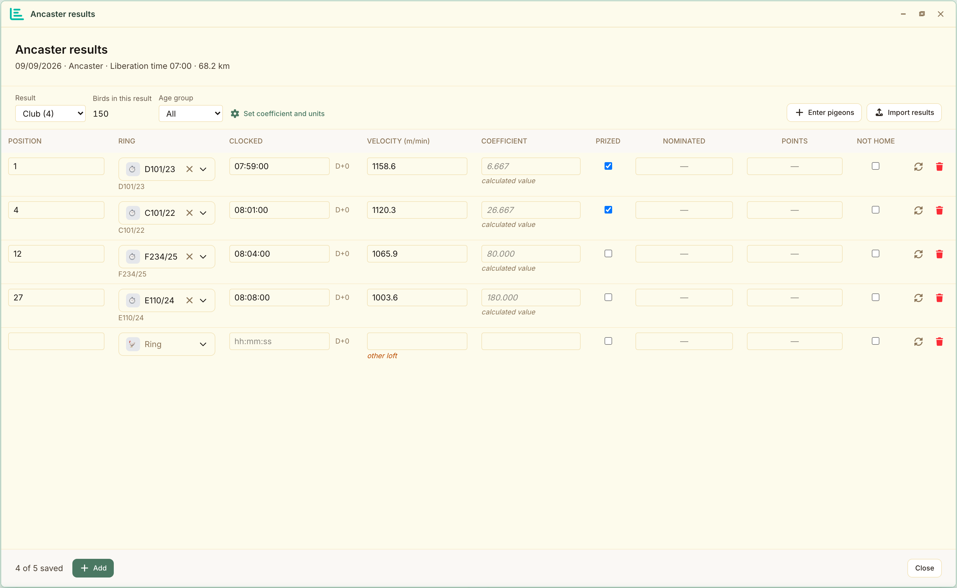 Entering results: one line per pigeon home, velocity and coefficient worked out, and the import button top right.
