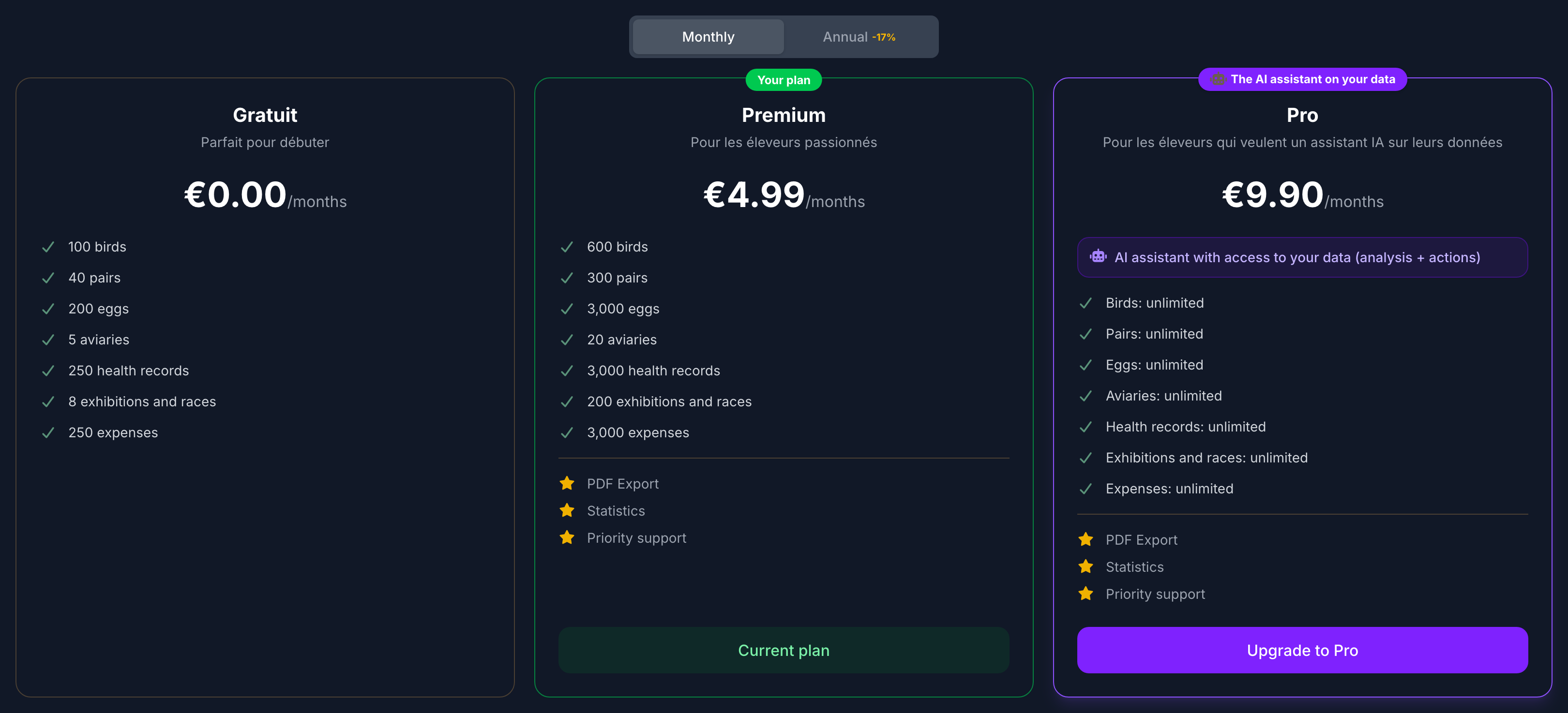 The Subscription window: the three plans side by side, monthly or yearly.