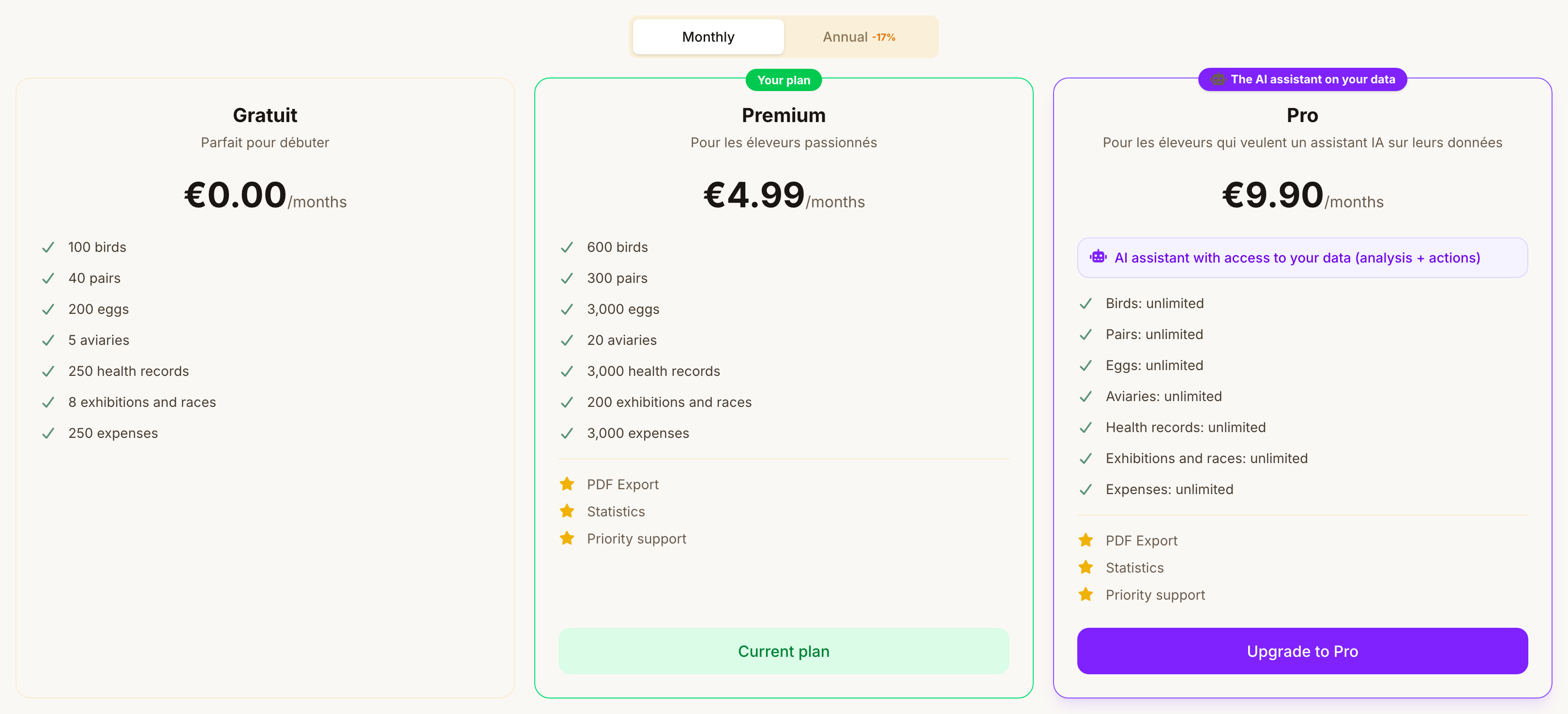 The Subscription window: the three plans side by side, monthly or yearly.
