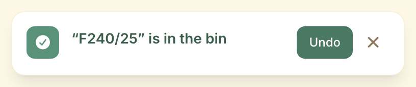 The message that follows a deletion, at the top right of the screen: it stays up for ten seconds.