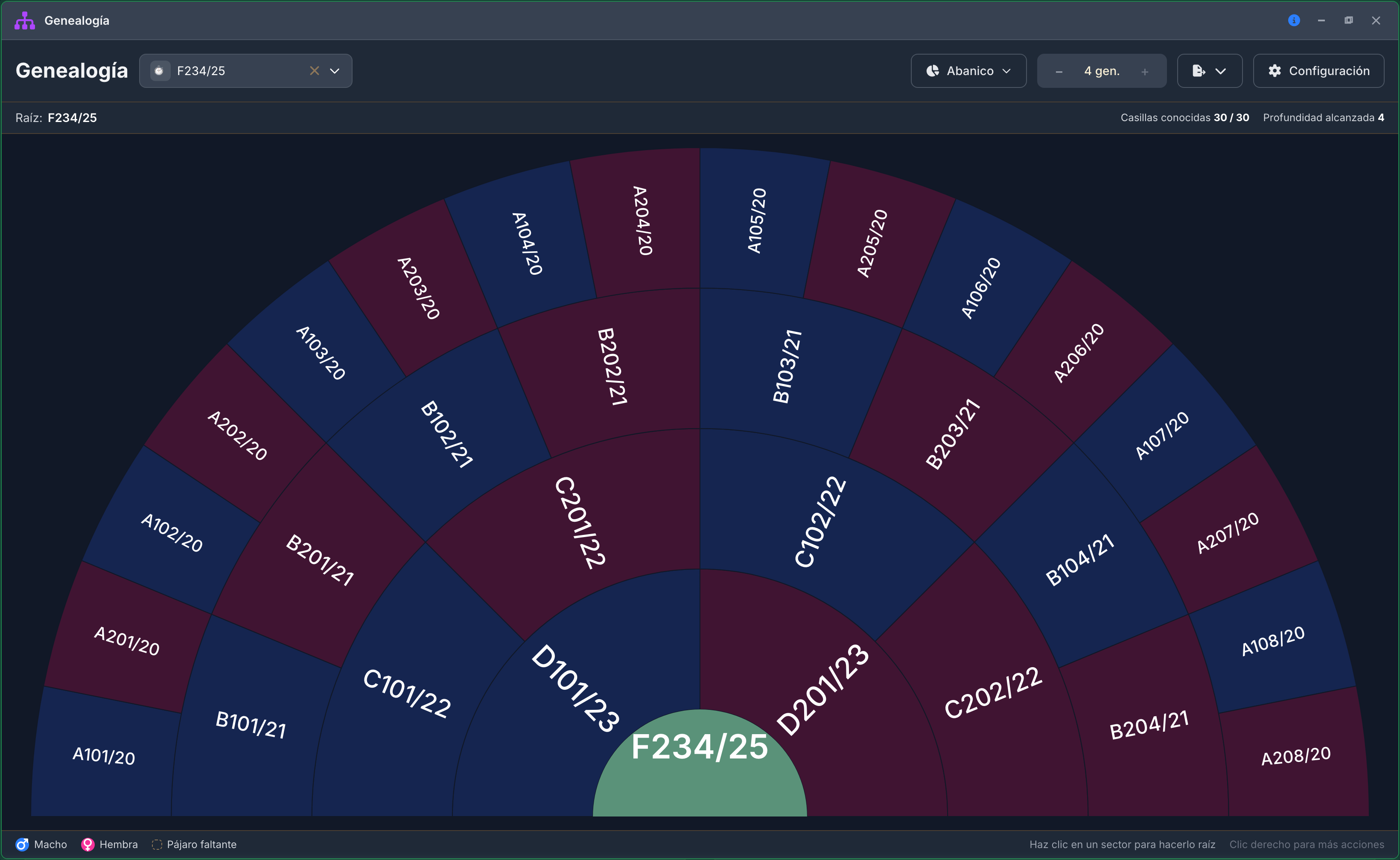 La misma ascendencia en abanico: una generación por corona, y cada casilla vacía salta a la vista.
