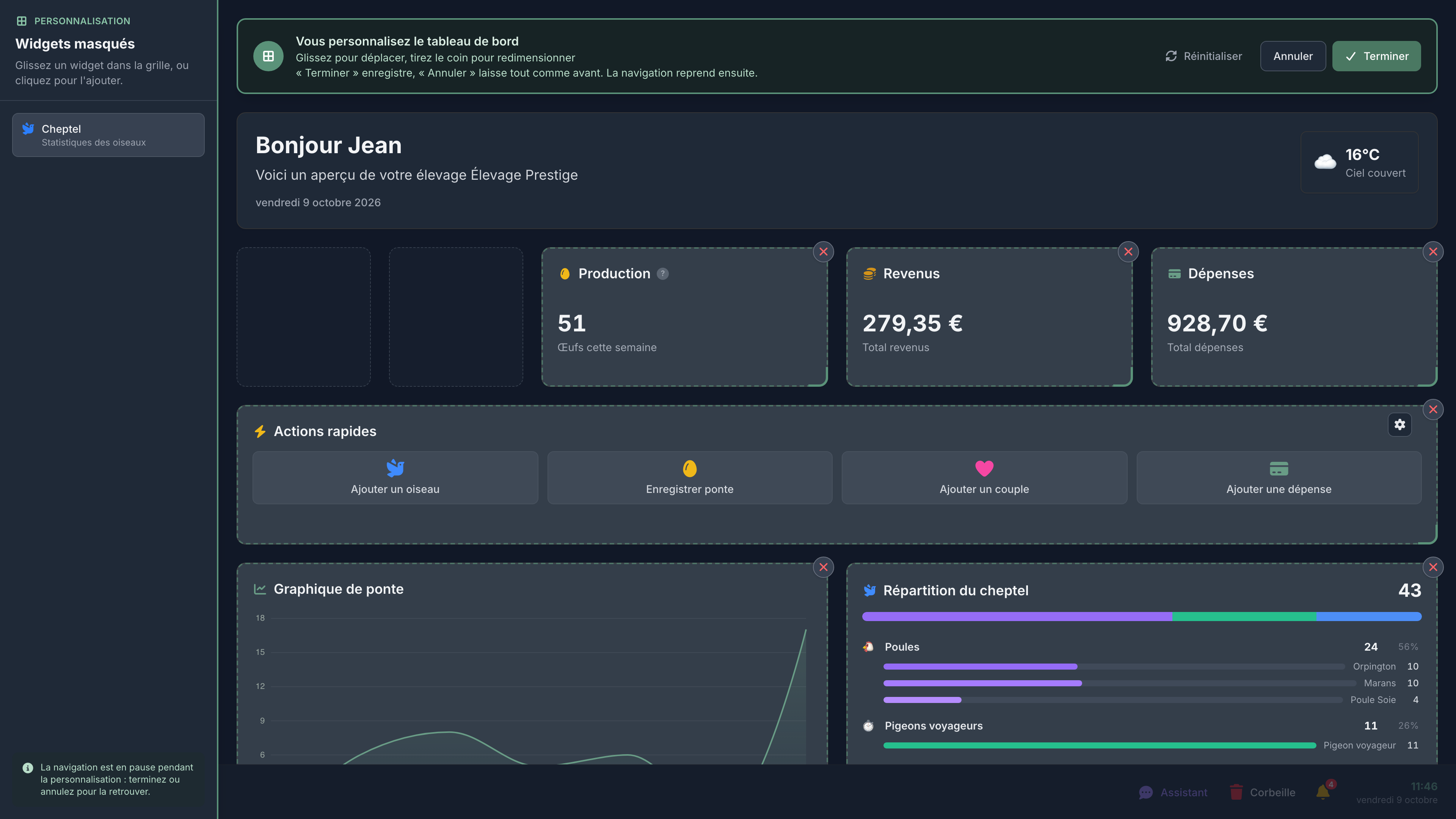Le tableau de bord en édition : on déplace, redimensionne, retire et ajoute les widgets sur place.