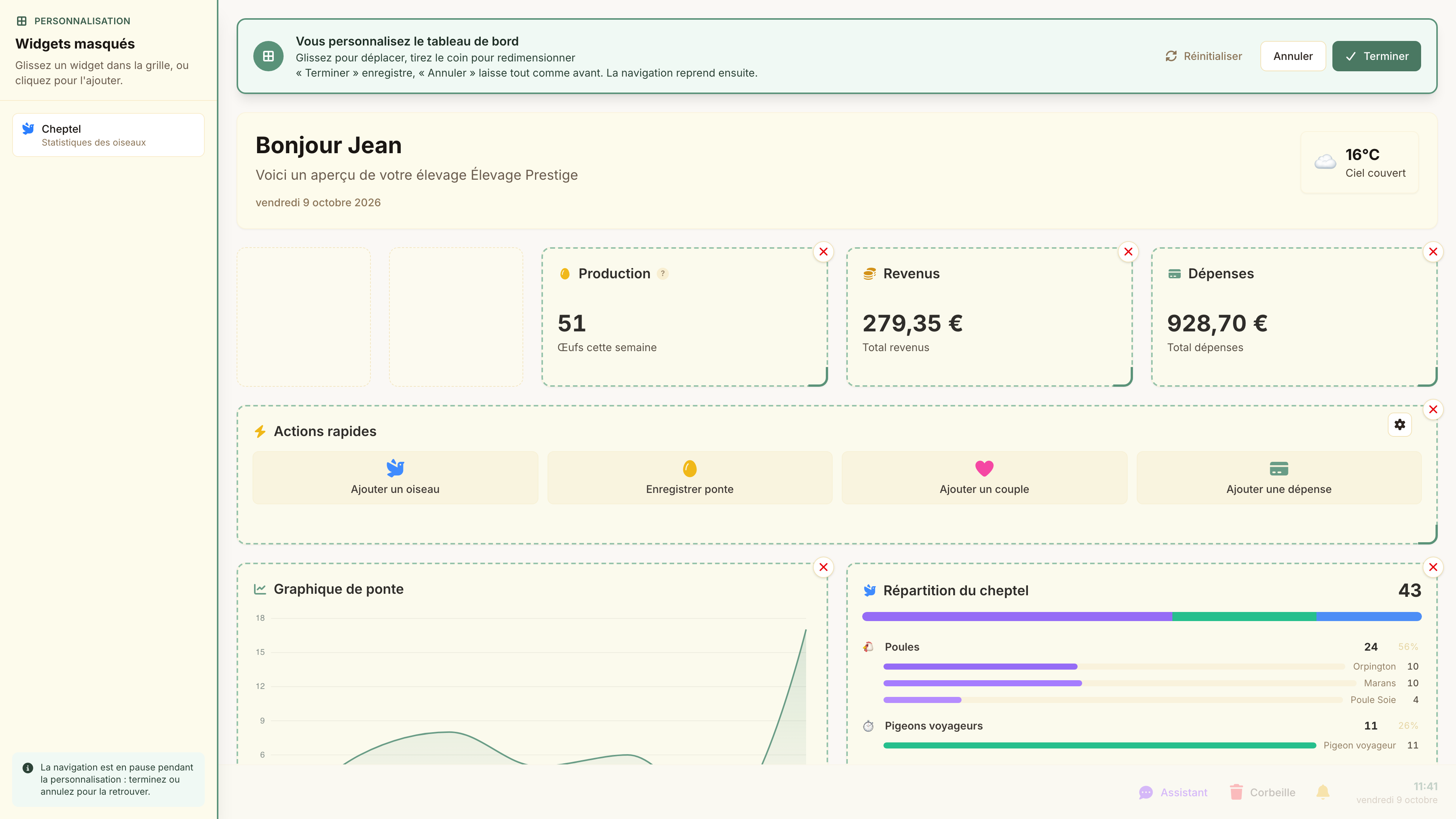 Le tableau de bord en édition : on déplace, redimensionne, retire et ajoute les widgets sur place.