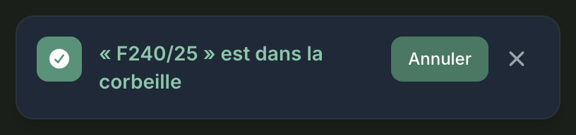 Le message qui suit une suppression, en haut à droite de l'écran : il reste affiché dix secondes.