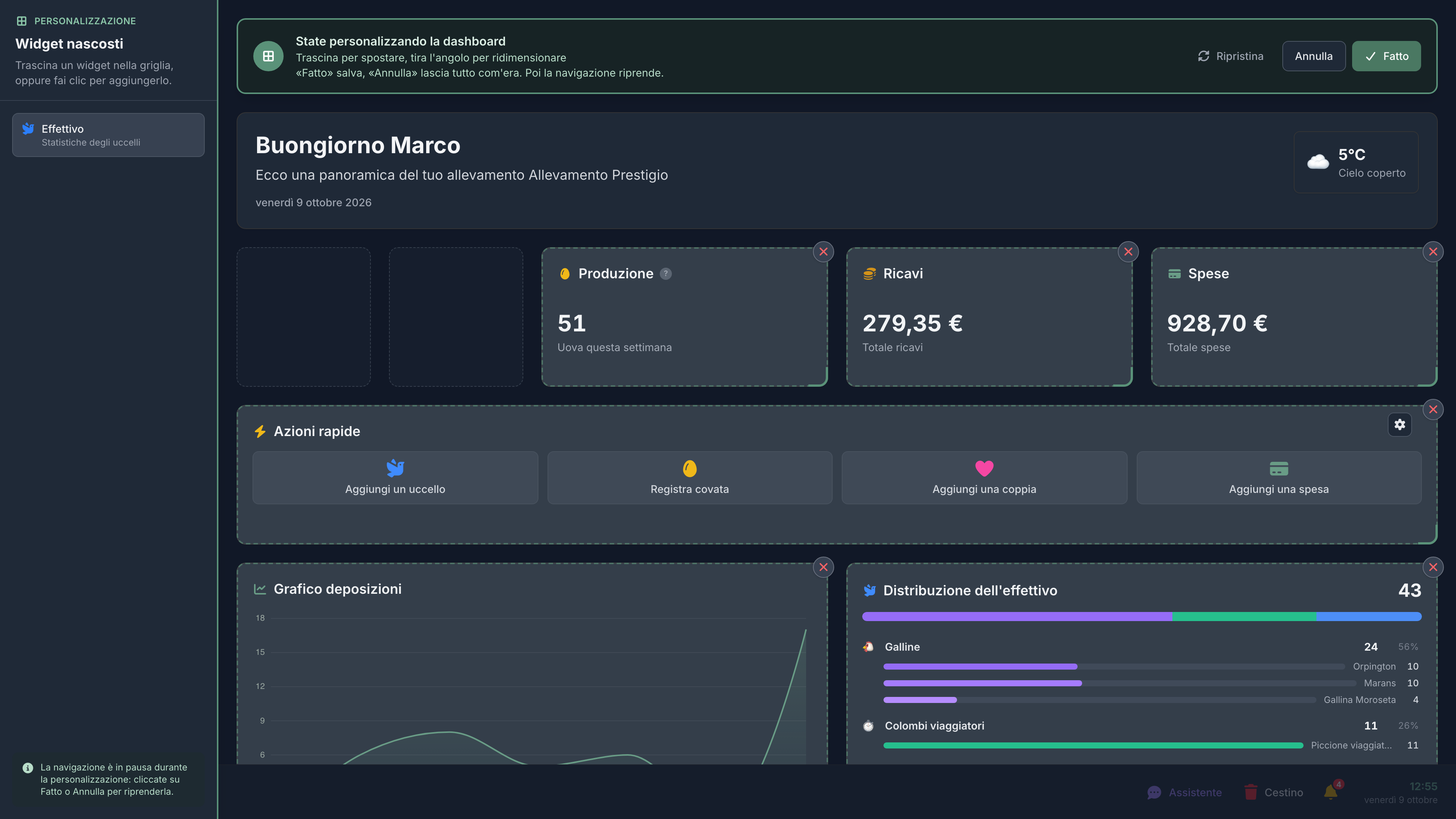 La dashboard in modifica: i widget si spostano, si ridimensionano, si tolgono e si aggiungono direttamente sul posto.