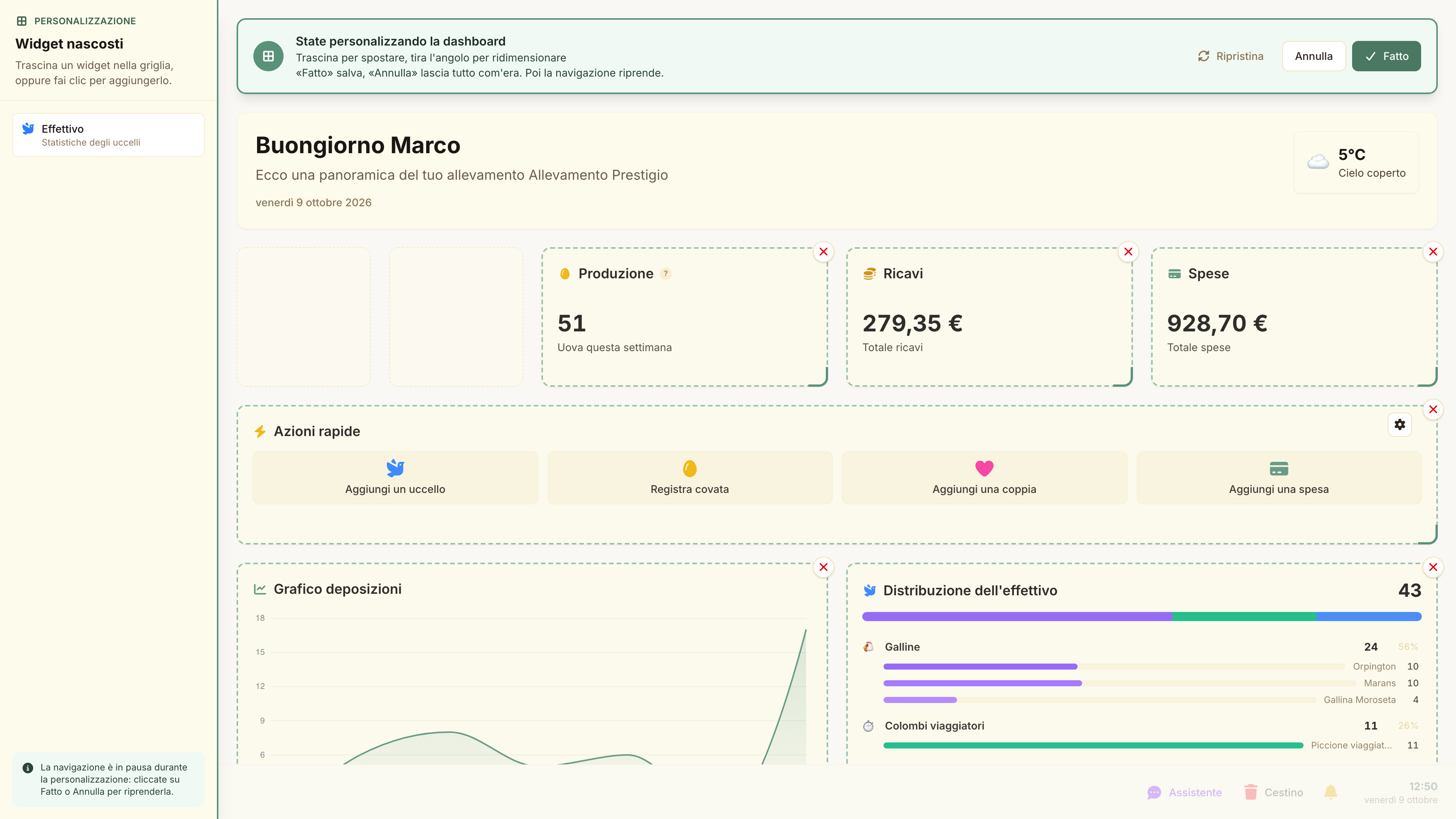 La dashboard in modifica: i widget si spostano, si ridimensionano, si tolgono e si aggiungono direttamente sul posto.