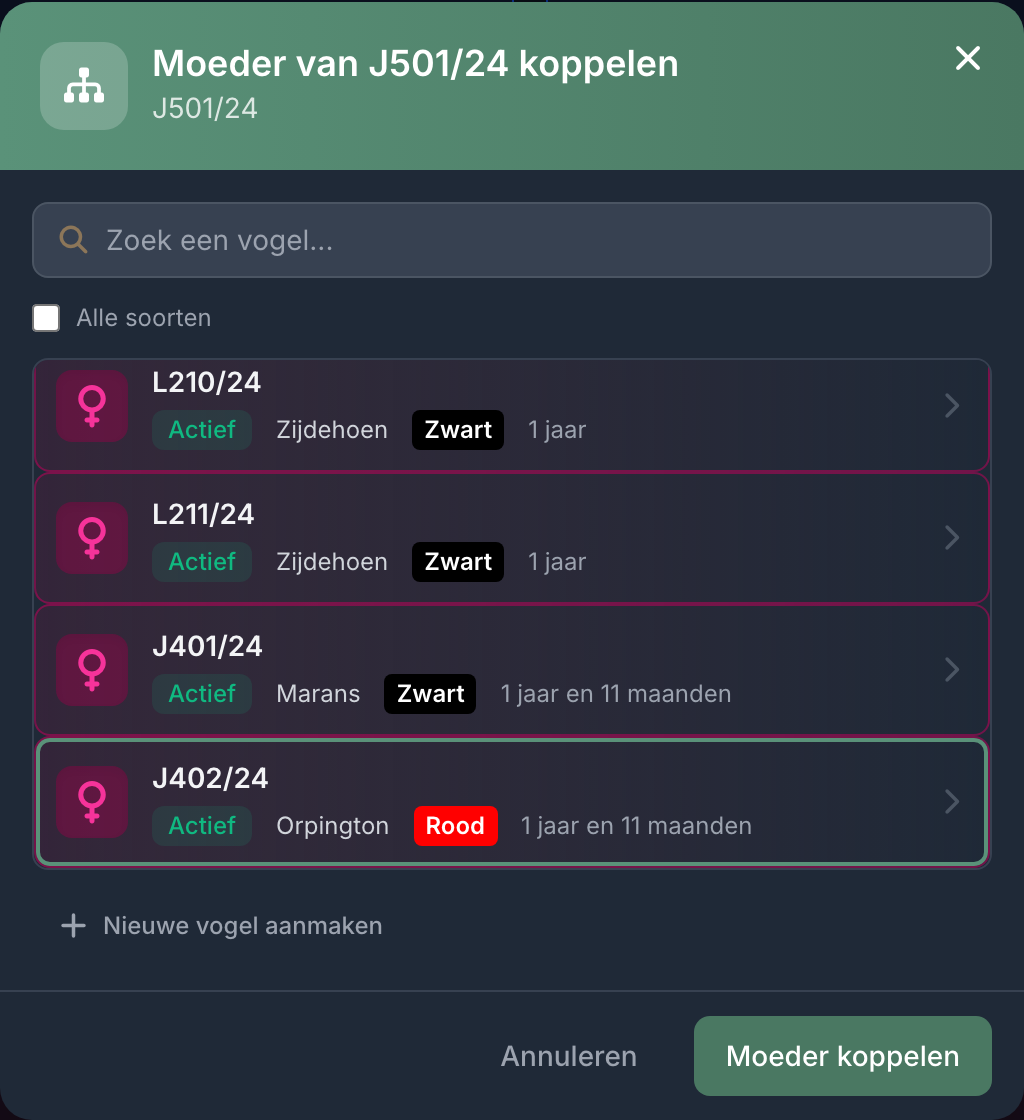 Het koppelvenster stelt alleen vogels voor van het juiste geslacht, ouder en van dezelfde soort.