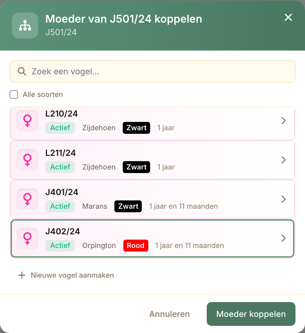 Het koppelvenster stelt alleen vogels voor van het juiste geslacht, ouder en van dezelfde soort.