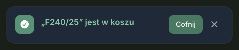 Komunikat po usunięciu, w prawym górnym rogu ekranu: pozostaje widoczny przez dziesięć sekund.