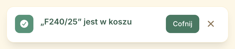 Komunikat po usunięciu, w prawym górnym rogu ekranu: pozostaje widoczny przez dziesięć sekund.