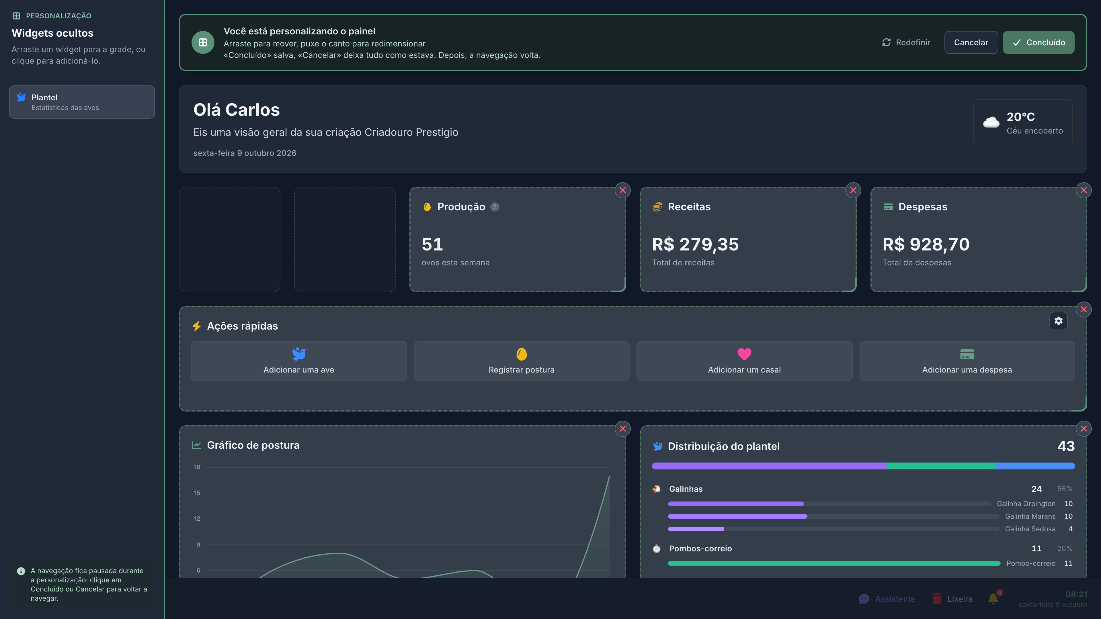 O painel em edição: os widgets se deslocam, se redimensionam, se retiram e se adicionam ali mesmo.