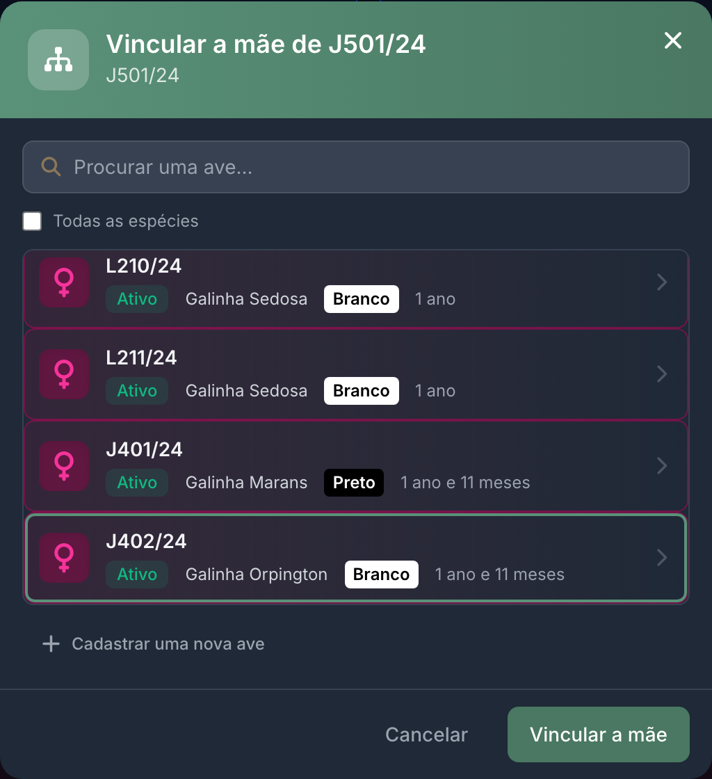 A janela de vínculo só sugere aves do sexo certo, mais velhas e da mesma espécie.
