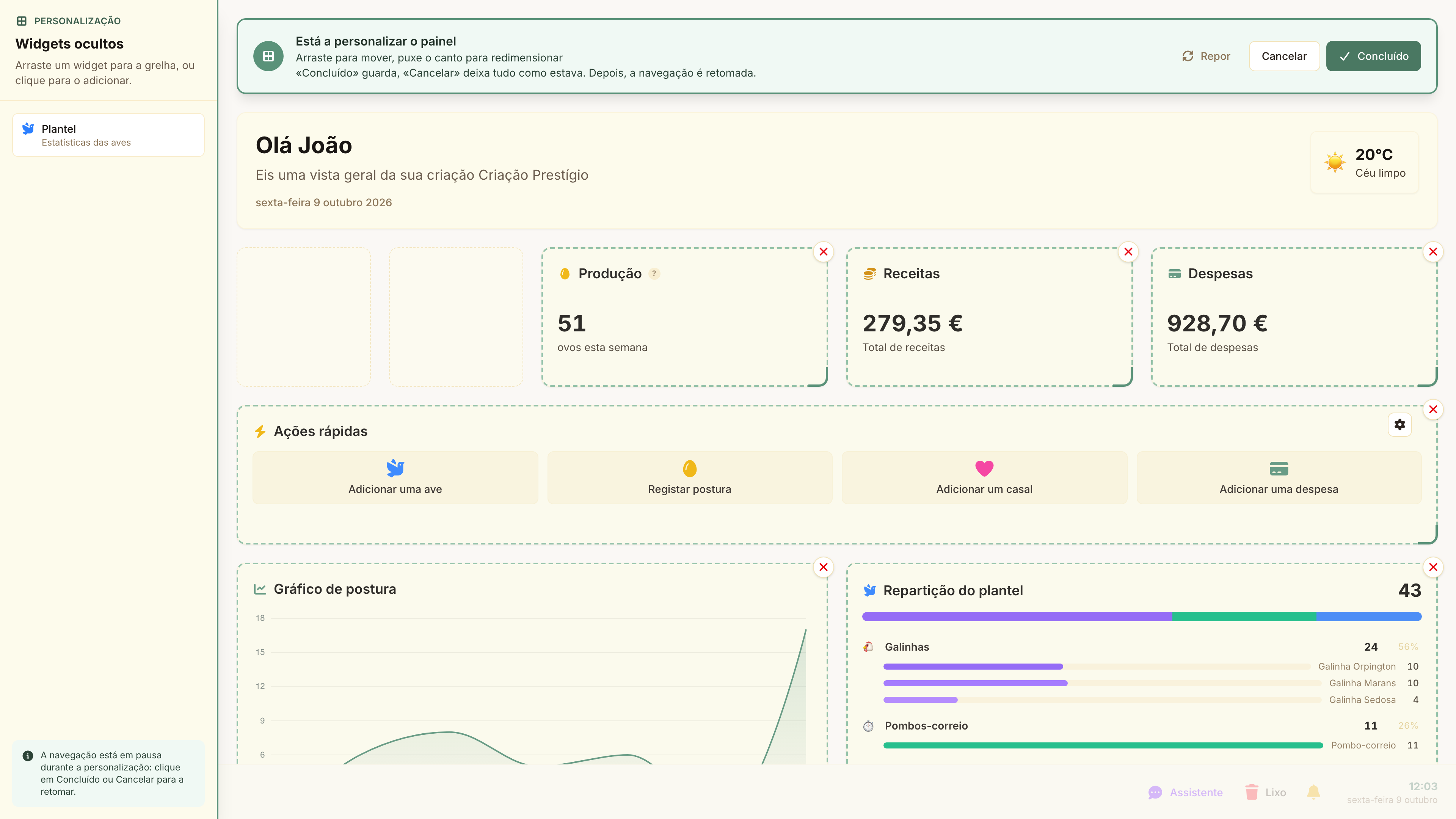 O painel em edição: os widgets deslocam-se, redimensionam-se, retiram-se e adicionam-se no próprio local.