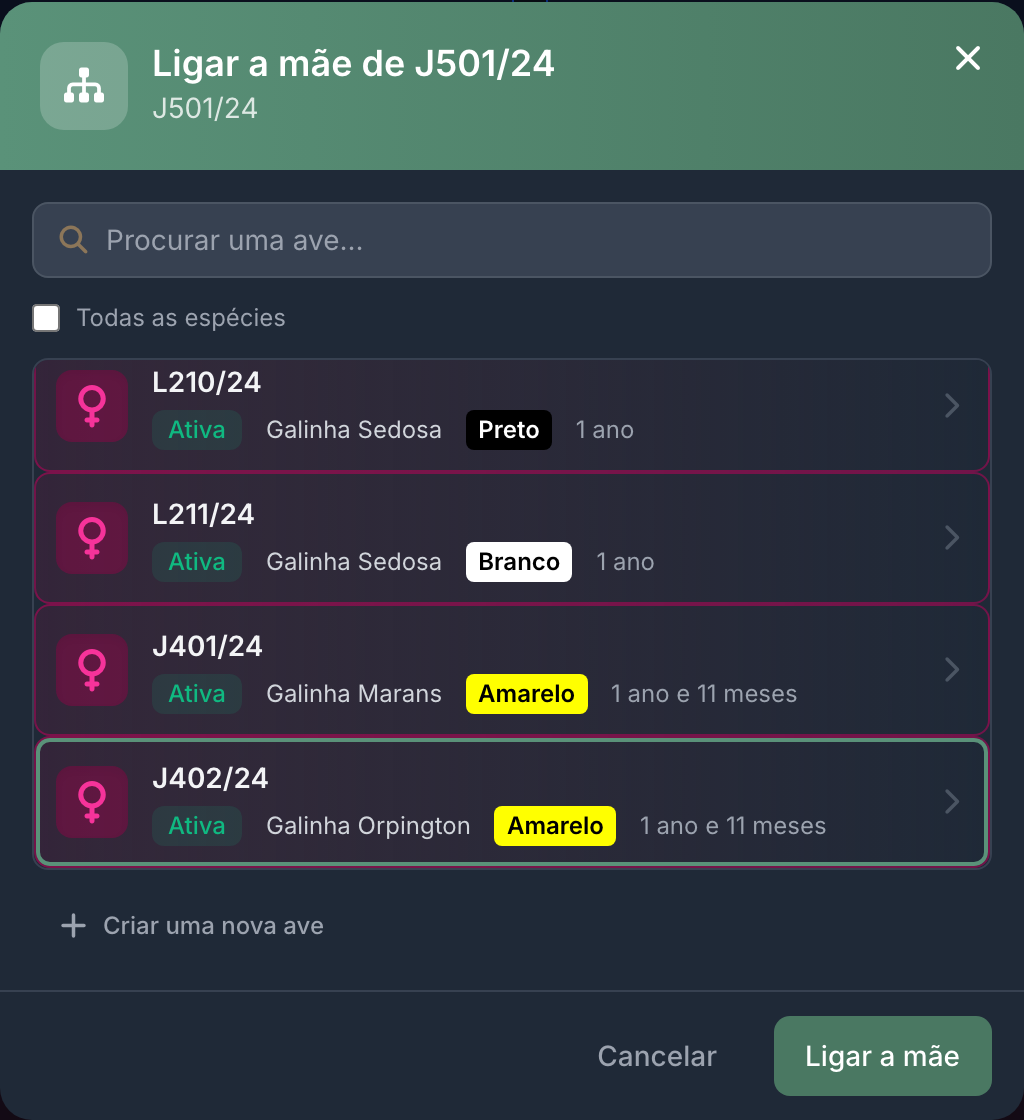 A janela de ligação só propõe aves do sexo certo, mais velhas e da mesma espécie.